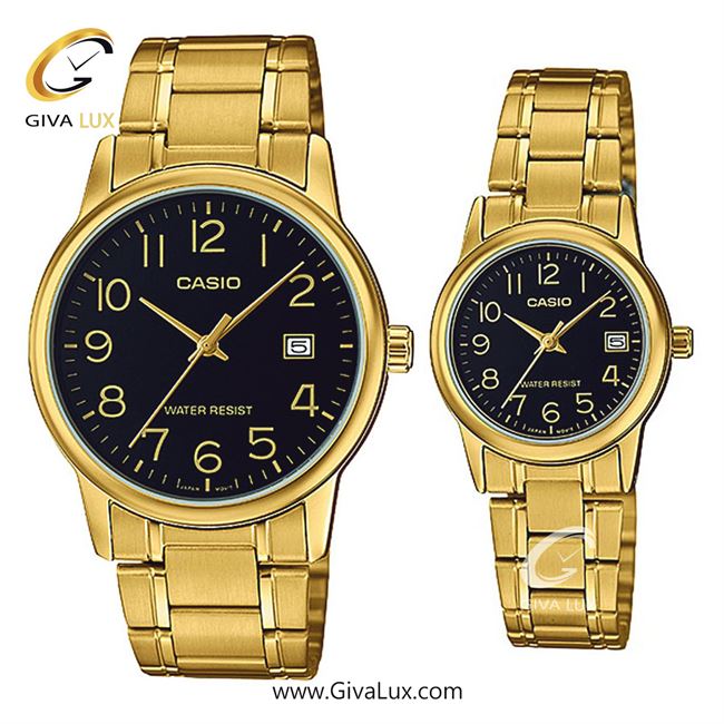 ساعت مچی اورجینال ست کاسیو Casio طلایی | طلایی| مشکی| کد رفرنس زنانه: LTP-V002G-1BUDF، مردانه: MTP-V002G-1BUDF